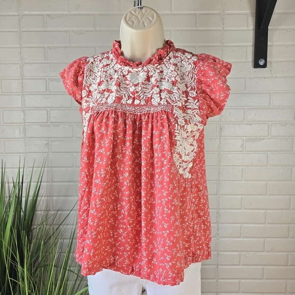 THML Tops - THML Pink And White Floral Embroidered  Blouse Size Small